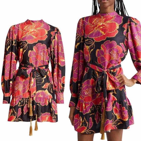 Farm Rio Shiny Chita Long Sleeve Satin Mini Dress Size XS - Picture 2 of 16